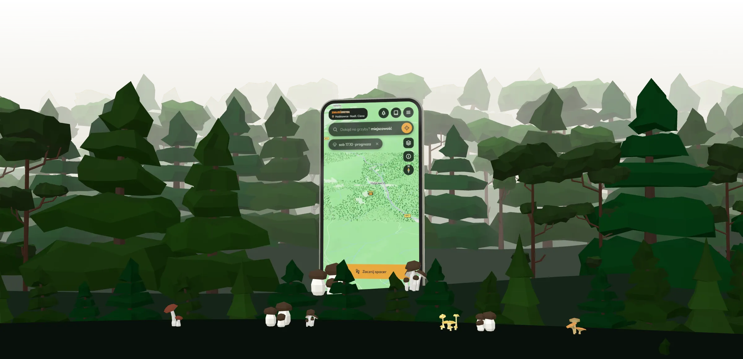 Las w warstwach pod jasnym niebem, a między drzewami telefon z nagraniem aplikacji: mapa lasów, stuknięcie w las, wynik X/100 dla ośmiu gatunków i start spaceru.